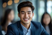 Young Asian businessman with confident smile wearing navy suit and blue shirt in corporate office setting with blurred background and bokeh lights.