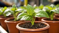 Young green basil seedlings growing in terracotta pots with fresh leaves emerging from dark soil, ready for transplanting in home garden or kitchen herb cultivation.