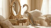Elegant white swan resting on luxurious bed in ornate bedroom with golden mirror and soft lighting creating dreamy romantic atmosphere.