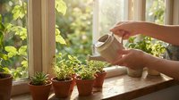 Woman watering small potted herbs on sunny kitchen windowsill with natural light streaming through window creating peaceful indoor gardening moment at home.