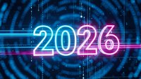 Futuristic neon 2026 numbers glowing in blue and pink lights with digital circuit patterns and data streams for New Year celebration and tech presentations.