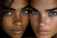 Close-up of two young women with striking blue eyes and freckles, showcasing diverse skin tones and natural beauty. Suitable for cosmetics, skincare, and beauty campaigns.