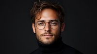 Young Caucasian man with beard and glasses wearing black turtleneck sweater against dark background, dramatic studio lighting creates professional headshot portrait.