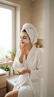 Young woman applying facial cream in bathroom wearing white bathrobe and towel on head during morning skincare routine for beauty and wellness.