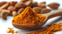 Ground turmeric powder in wooden spoon with scattered spice and pecan nuts in background, macro food photography showing vibrant orange color and texture.