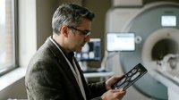 Middle-aged Caucasian male doctor with gray hair and glasses examining medical scans on tablet in modern hospital MRI room for healthcare technology consultation.