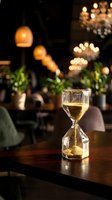 Glass hourglass with golden sand on wooden table in elegant restaurant with warm ambient lighting and blurred chandelier background for time management concepts.