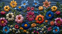 Vibrant handcrafted paper flowers arrangement on dark wooden background, featuring colorful daisies and gerberas in pink, blue, orange and yellow. Perfect for wall art and greeting cards.