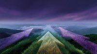 Mystical lavender field rows converging to glowing triangle shape under dramatic purple sky and misty mountains, creating surreal fantasy landscape at dusk.