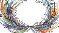 Colorful musical notes and instruments swirling in circular frame with violin, treble clef, staff lines creating dynamic border for music education and concert promotion.