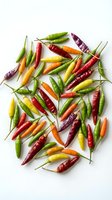 Colorful hot chili peppers variety scattered on white background, fresh and dried spicy ingredients for cooking and seasoning culinary preparations.