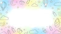 Pastel rainbow baby shower background with cute line art icons including bottles, pacifiers, hot air balloons, stars and clouds for nursery designs.