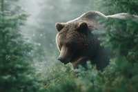 Brown bear in misty forest environment surrounded by green vegetation and natural wilderness habitat for wildlife photography projects.