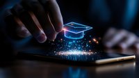 Digital education concept with glowing graduation cap hologram emerging from smartphone screen, illuminated by magical blue light and sparkles against dark background.