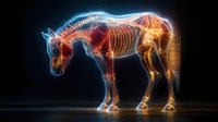 Glowing x-ray anatomy of horse skeleton showing internal bone structure in vibrant blue, red and orange neon colors against dark background. Medical and veterinary concept.