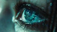 Futuristic close-up of glowing turquoise human eye with digital elements and light effects, representing technology, artificial intelligence, and biometric scanning.