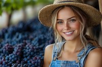 Smiling young woman in straw hat and denim overalls at vineyard harvest with fresh purple grapes, capturing joyful agricultural moment.
