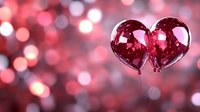Pink heart-shaped balloons floating against blurred bokeh background in romantic red and pink tones, creating dreamy Valentine's Day atmosphere.