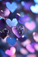 Glittering heart shapes in purple and blue bokeh background create romantic atmosphere with sparkles and soft focus effects for Valentine's Day designs.