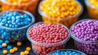 Colorful candy sprinkles and sugar pearls in plastic containers, bright blue, pink, purple and yellow decorative confectionery toppings for baking and desserts.
