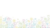 Spring garden border with colorful line art flowers, leaves and decorative elements on white background for seasonal designs and greeting cards.