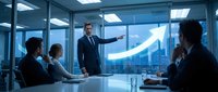 Young male professional in business suit presenting growth strategy with upward arrow chart to diverse team in modern glass office conference room with city skyline view.