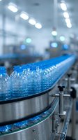 Plastic water bottles moving along industrial conveyor belt in modern manufacturing facility with bright overhead lighting and blurred factory background.