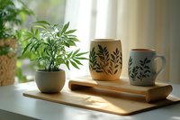 Ceramic mugs with botanical pattern and potted plant on wooden tray near window, soft morning sunlight creating cozy atmosphere for home decor and lifestyle design.