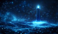 Glowing lighthouse beacon illuminates dark ocean waves with magical blue light and sparkling bokeh effects, creating mystical maritime atmosphere for backgrounds.