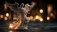 Guardian angel statue with outstretched wings surrounded by warm candlelight and golden bokeh lights creating peaceful spiritual atmosphere for meditation.
