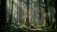 Mystical forest with glowing circular portal and sunbeams streaming through ancient trees creating magical atmosphere for fantasy and sci-fi projects.