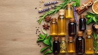 Natural essential oil bottles with fresh herbs, spices and citrus on wooden background for aromatherapy, wellness and organic skincare products.