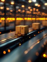 Cardboard box moving on automated conveyor belt system with warm glowing lights and bokeh effect in modern warehouse facility. Perfect for logistics concepts.