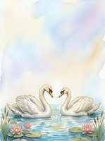 Pair of swans facing each other on calm water with pink water lilies and green reeds, soft watercolor style with pastel sky in cream, blue and lavender tones for nursery, wedding and nature designs.