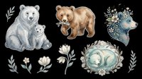Polar bear mother and cub, brown bear, deer head with floral wreath, botanical elements, and sleeping moon in nest. Isolated on transparent background, ready for t-shirts, stickers, clipart, sublimation, and print-on-demand designs.