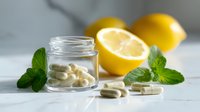 Fresh vitamin C capsules in glass jar with cut lemon and mint leaves on white marble surface, natural health supplement concept.
