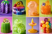 Colorful jelly desserts collection featuring fruit-shaped gelatin treats in vibrant colors on bright backgrounds for food design projects.