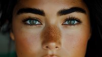 Close up portrait of young mixed race woman with freckles and striking green eyes looking directly at camera. Natural beauty and skincare concept.