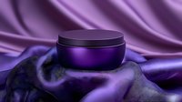 Purple cosmetic jar on luxurious silk fabric with elegant folds and dramatic lighting creates sophisticated mood for beauty and skincare product photography.