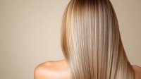 Straight blonde hair on beige background, back view of smooth healthy hairstyle with natural highlights and shine showing professional salon result.