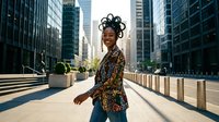 Young African American woman with curly hair smiling confidently in modern urban business district with skyscrapers and city street background.