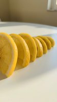 Fresh lemon slices arranged in a creative row on a white surface, showcasing vibrant yellow citrus texture for food and beverage concepts.