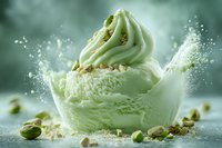 Creamy pistachio ice cream scoop with crushed nuts and powder splash against mint green background, macro food photography showing texture and details.