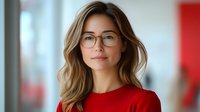 Young Caucasian businesswoman wearing glasses and red sweater with confident smile looking at camera. Professional corporate portrait with soft natural lighting and blurred background.