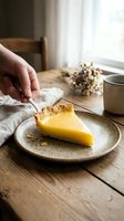 Slice of lemon custard pie on a rustic ceramic plate, hand holding a fork, wooden table, dried flowers, cozy kitchen atmosphere.