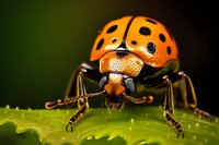Extreme close-up macro photograph of orange ladybug beetle on green leaf showing detailed texture of shell, spots, antennae and compound eyes in natural setting.