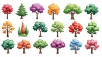 Colorful cartoon trees collection with vibrant foliage in various seasons isolated on white background for design projects and educational materials.