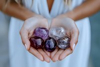 Female hands in white holding collection of raw amethyst and clear quartz crystals, showcasing natural purple and clear mineral specimens for healing and decoration.