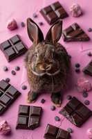 Brown rabbit surrounded by dark chocolate bars and chips on pink background, looking directly at camera. Sweet Easter composition with confectionery elements.