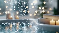 Cozy winter evening atmosphere with glowing candles and books on windowsill against snowy window background with soft bokeh lights and falling snow.